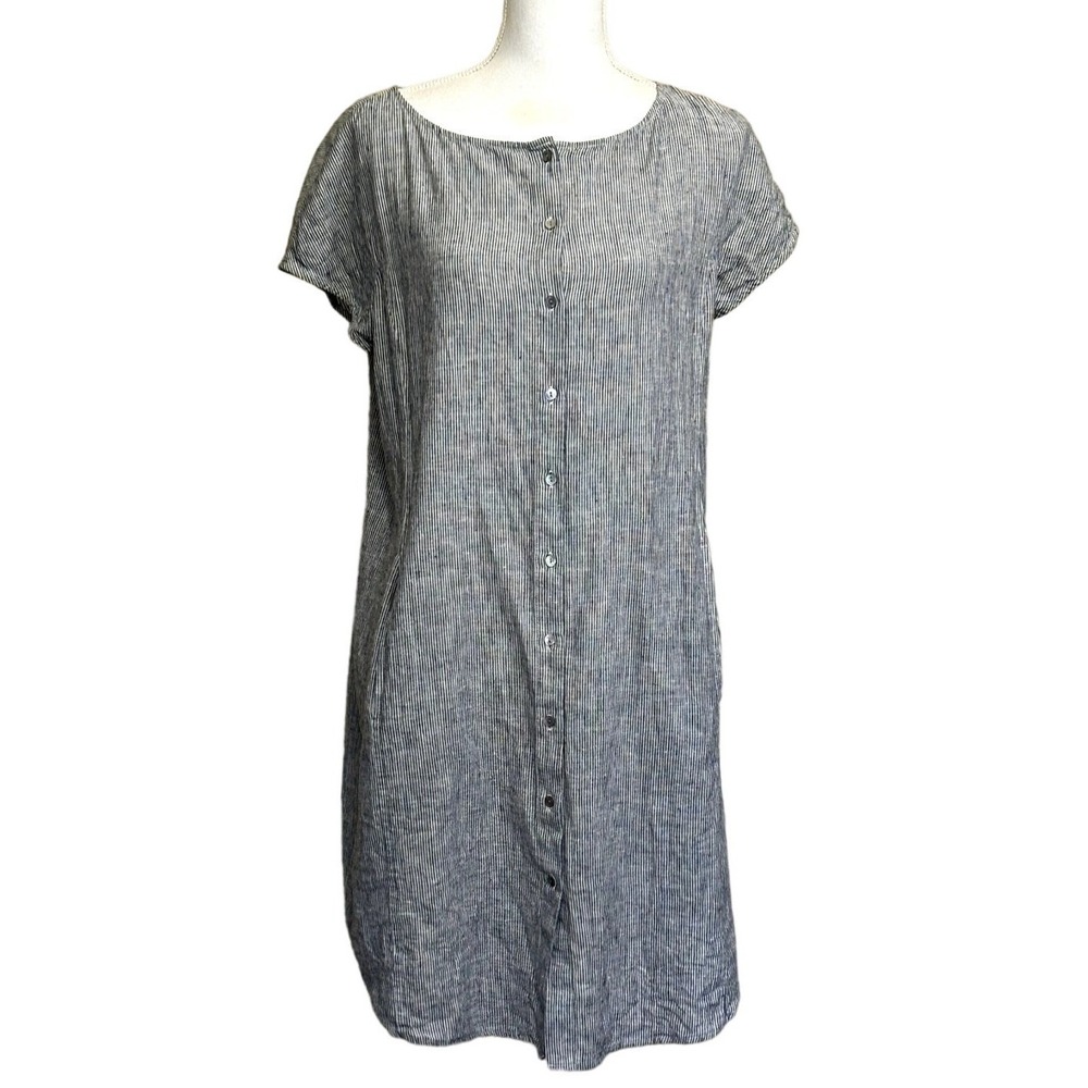 Eileen Fisher Hemp Organic Cotton Striped Button Front Shift Dress M Minimalist